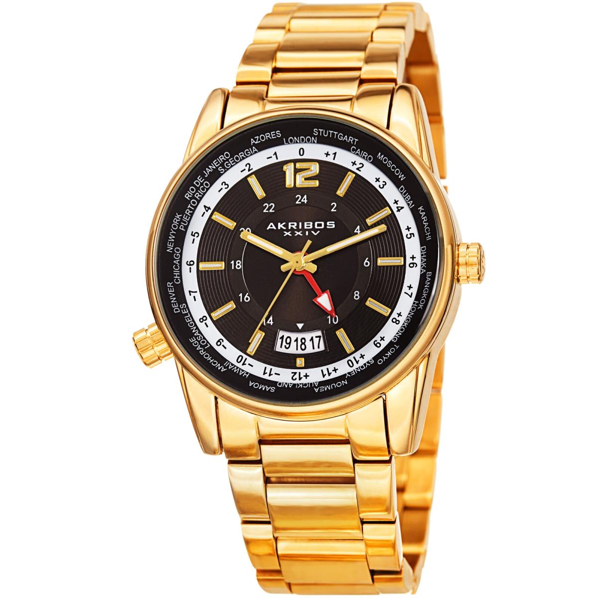 Men`s Akribos Xxiv AK1021 Quartz Gmt Multifunction Stainless Steel Bracelet wa Gold