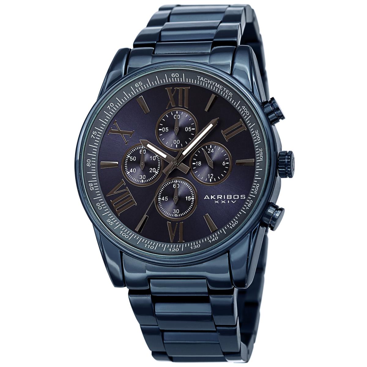 Men`s Akribos Xxiv AK1072 Quartz Chronograph Stainless Steel Bracelet Watch Midnight Blue