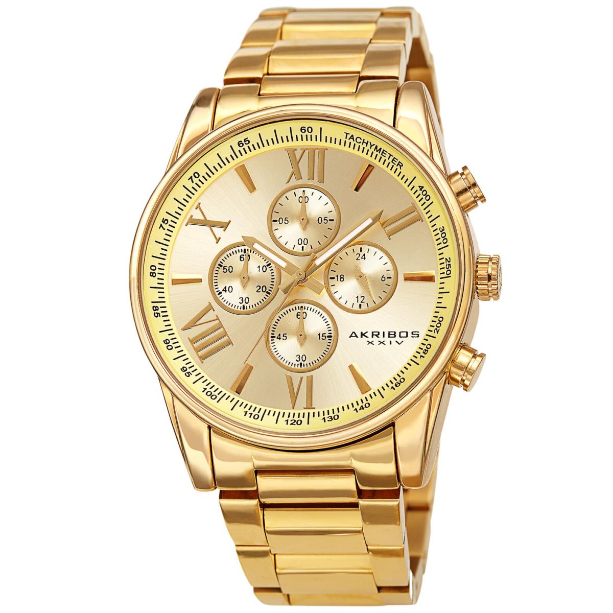 Men`s Akribos Xxiv AK1072 Quartz Chronograph Stainless Steel Bracelet Watch Yellow Gold