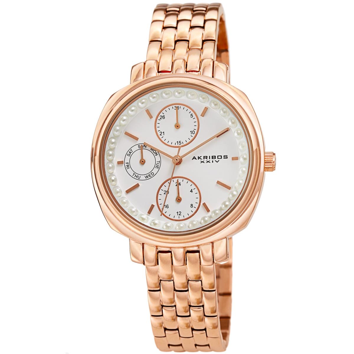 Akribos Xxiv Women`s AK1114 Pearl Day of Week Calendar Link Bracelet Watch Rose Gold Tone