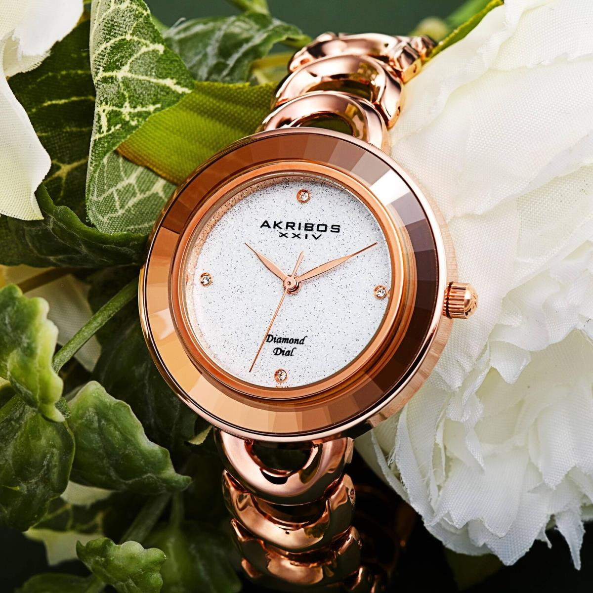 Women`s Akribos Xxiv AK1088 Smart Design Diamond Glitter Stainless Steel Watch Rose Gold