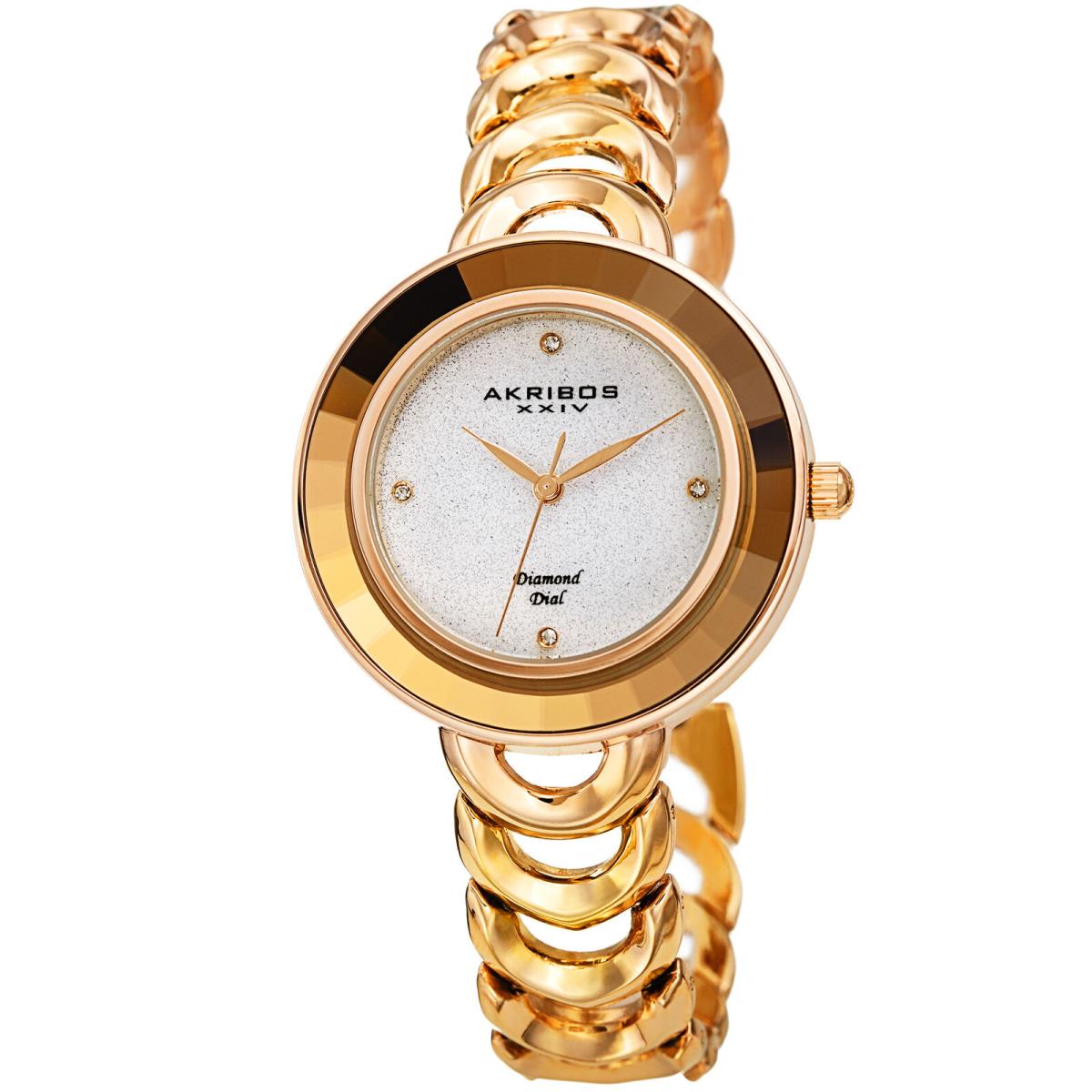 Women`s Akribos Xxiv AK1088 Smart Design Diamond Glitter Stainless Steel Watch Gold