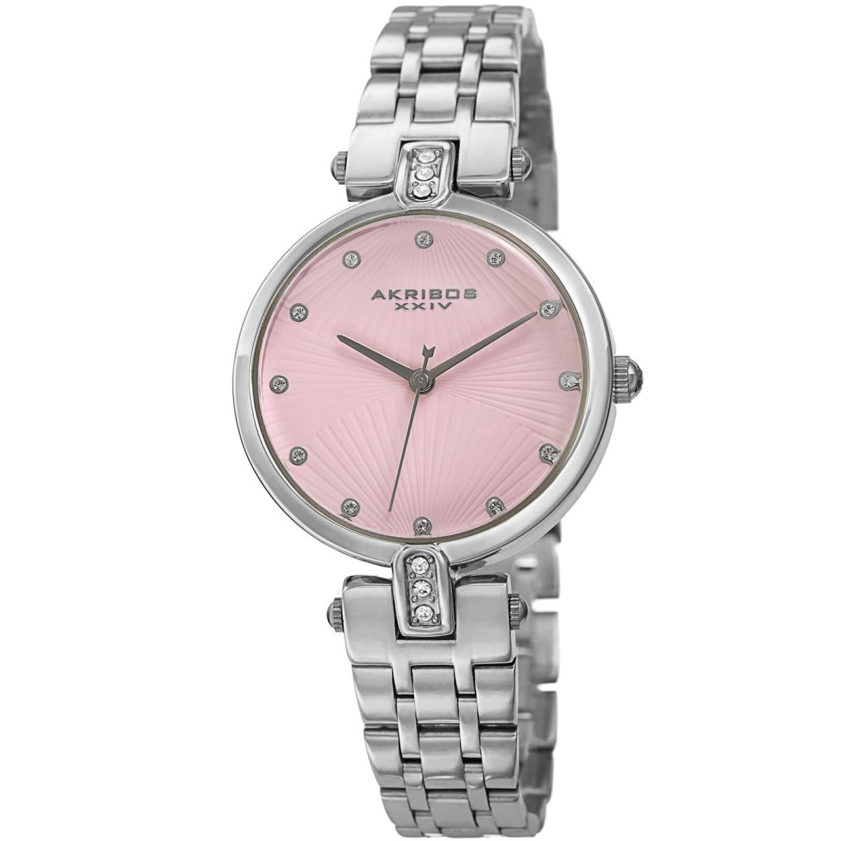 Women`s Akribos Xxiv AK1085 Swarovski Crystal Stainless Steel Bracelet Watch Pink