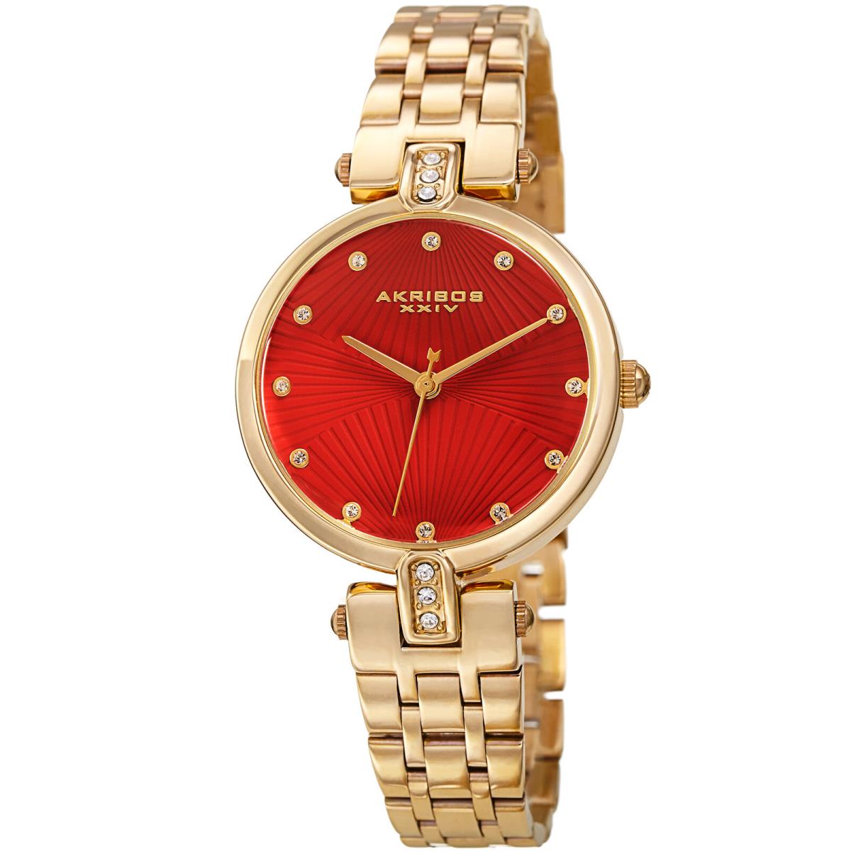 Women`s Akribos Xxiv AK1085 Swarovski Crystal Stainless Steel Bracelet Watch Red