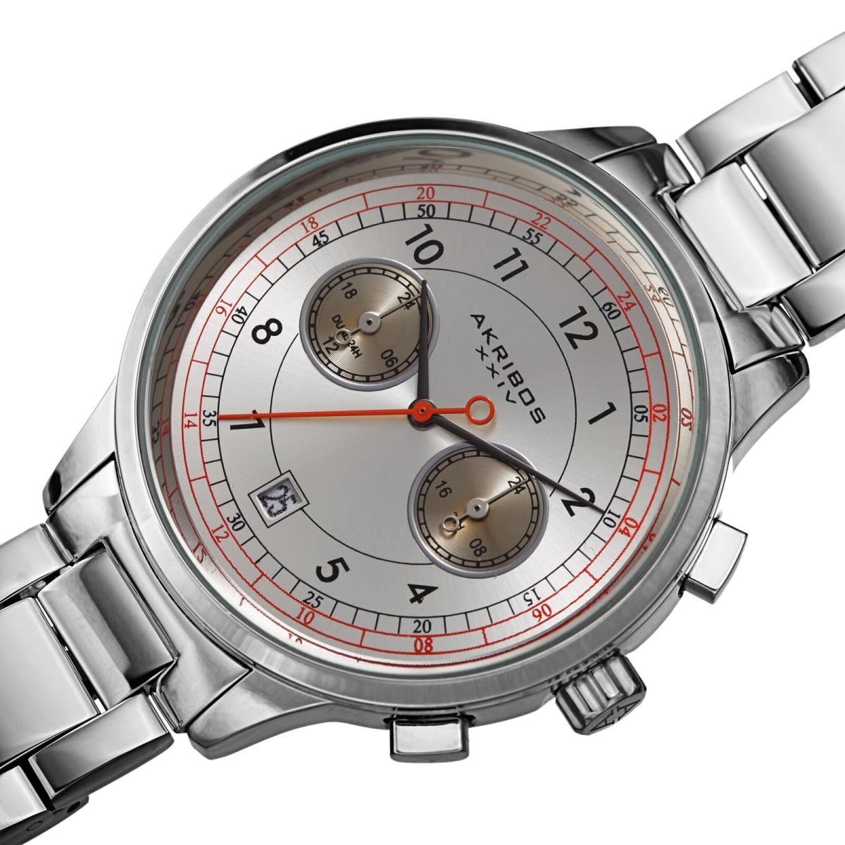 Men`s Akribos Xxiv AK1071 Chronograph Dual Time Stainless Steel Bracelet Watch Silver and White