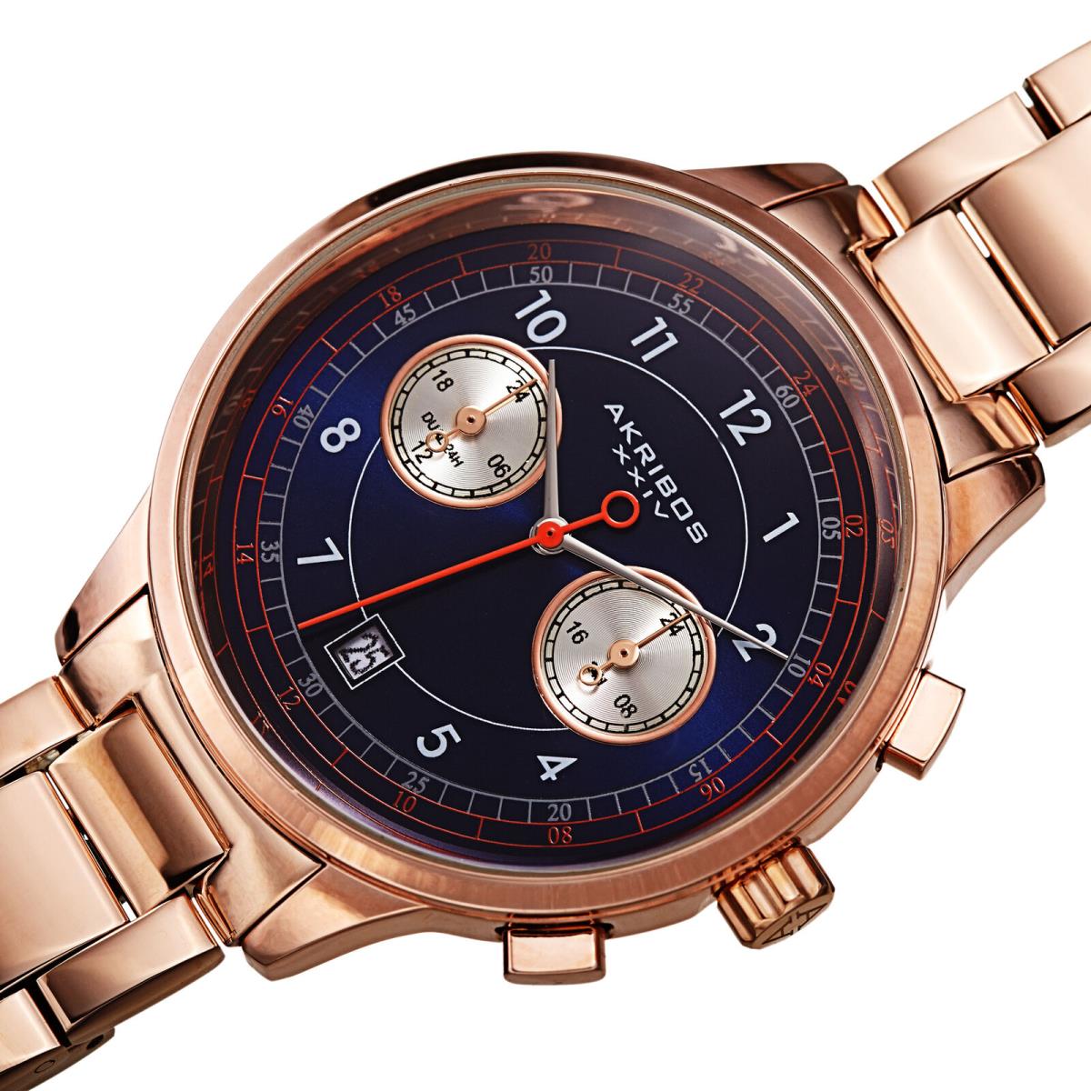 Men`s Akribos Xxiv AK1071 Chronograph Dual Time Stainless Steel Bracelet Watch Rose Gold Tone