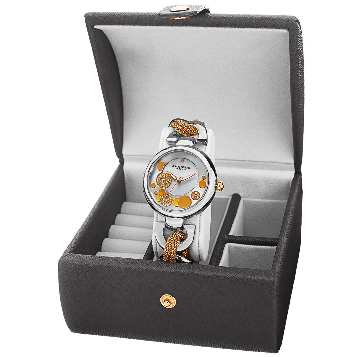 Women`s Akribos Xxiv AK895 Diamond Twist Chain Watch Jewelry Gift Box Set