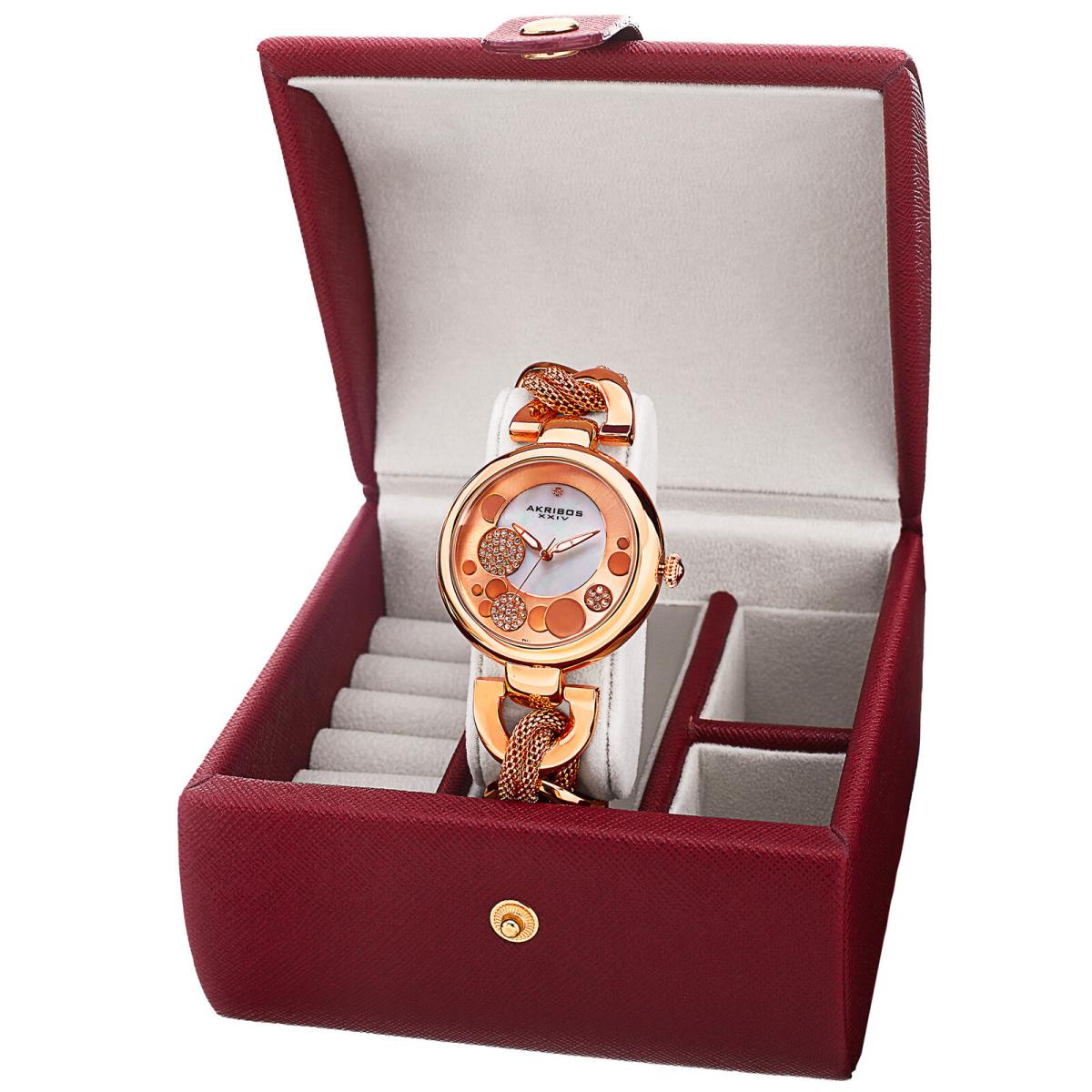 Women`s Akribos Xxiv AK895 Diamond Twist Chain Watch Jewelry Gift Box Set Rose Gold