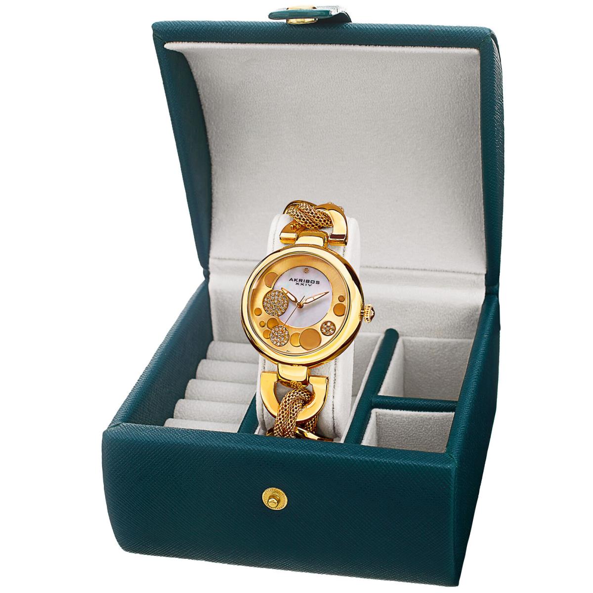 Women`s Akribos Xxiv AK895 Diamond Twist Chain Watch Jewelry Gift Box Set Yellow Gold