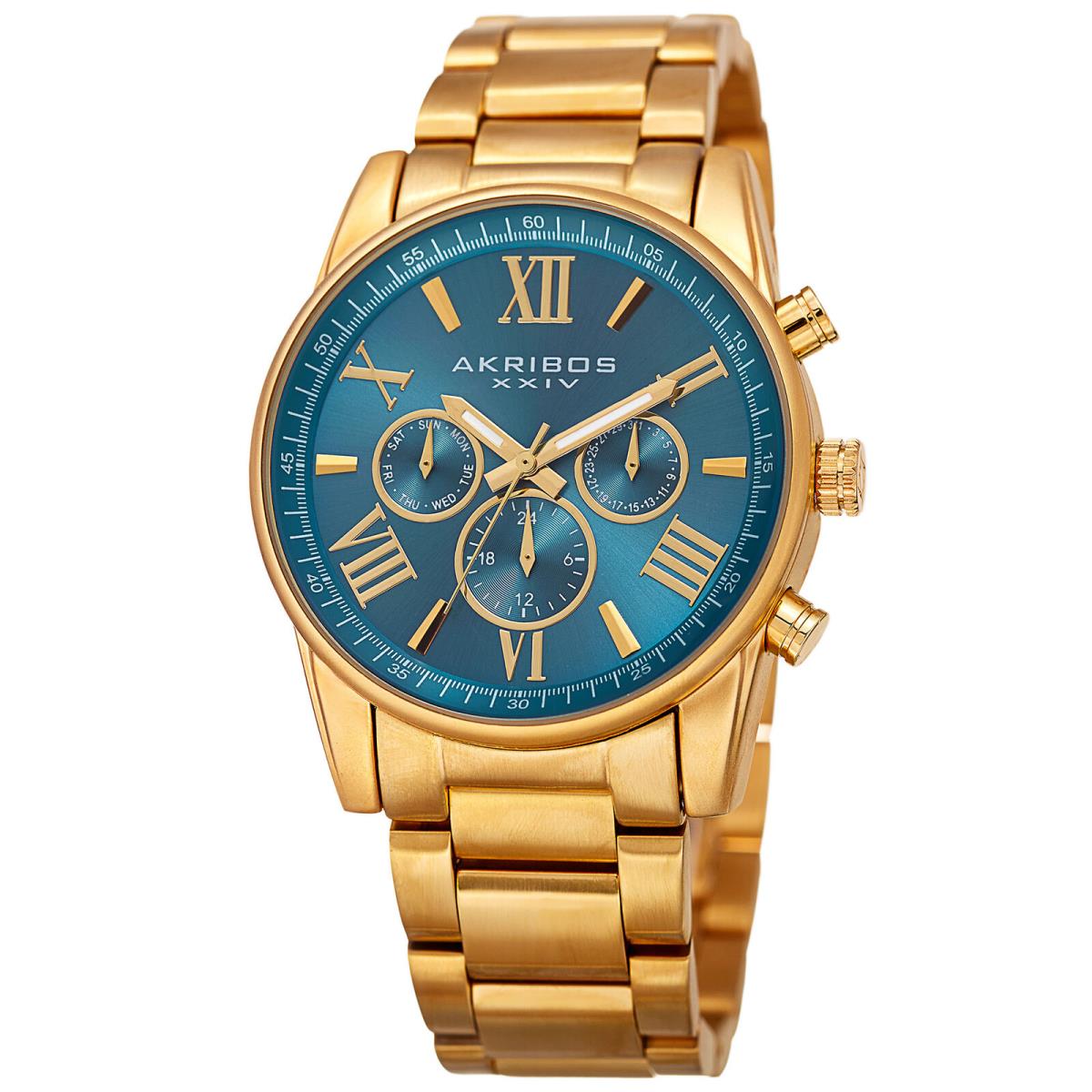 Women`s Akribos Xxiv AK908 Swiss Multifunction Sunray Dial Stainless Steel Watch Gold with Blue Dial