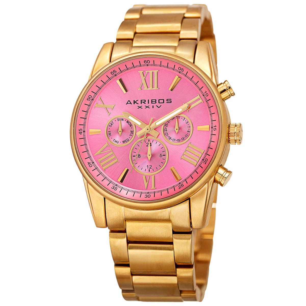 Women`s Akribos Xxiv AK908 Swiss Multifunction Sunray Dial Stainless Steel Watch Gold with Pink Dial