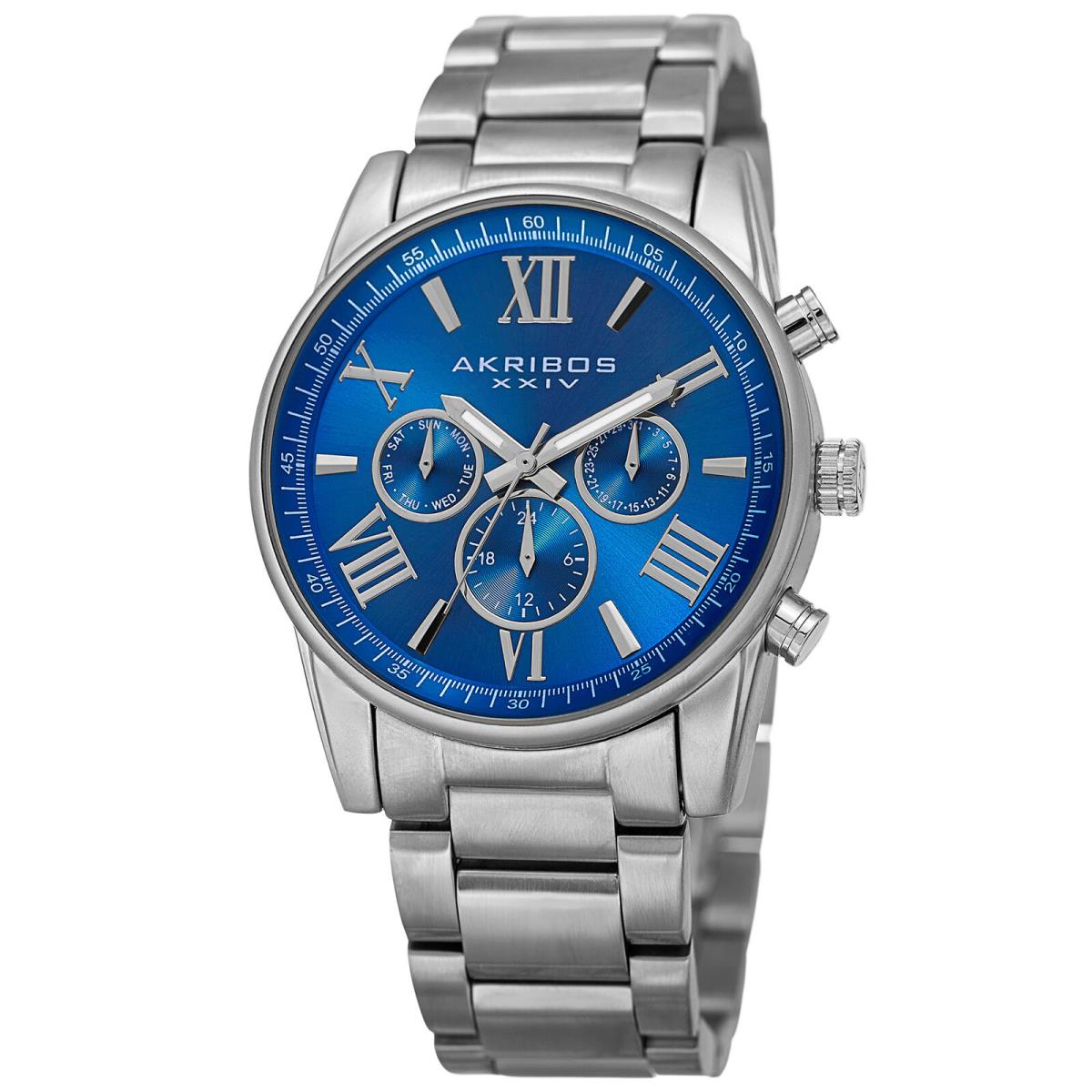 Women`s Akribos Xxiv AK908 Swiss Multifunction Sunray Dial Stainless Steel Watch Sapphire Blue Dial