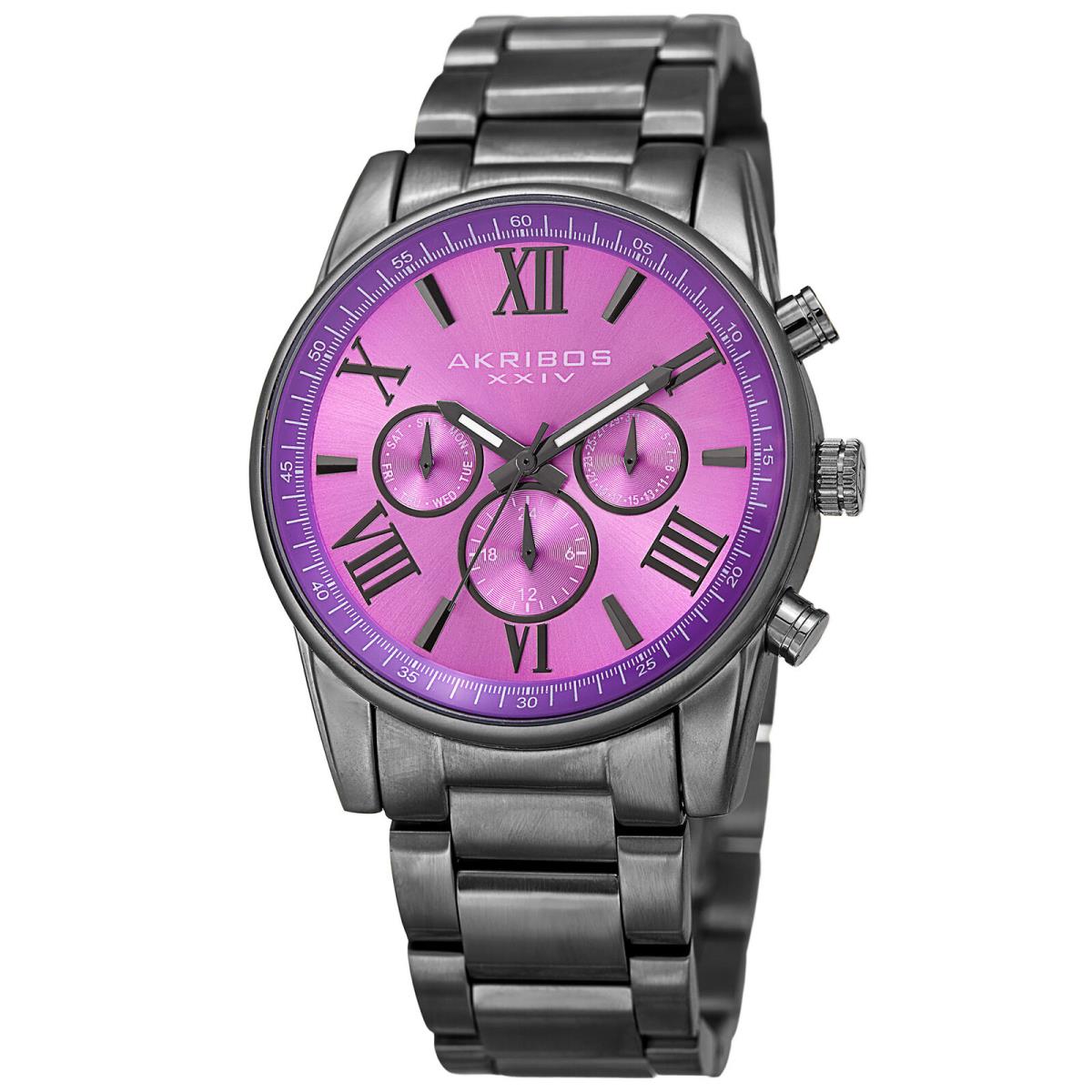 Women`s Akribos Xxiv AK908 Swiss Multifunction Sunray Dial Stainless Steel Watch Violet Dial