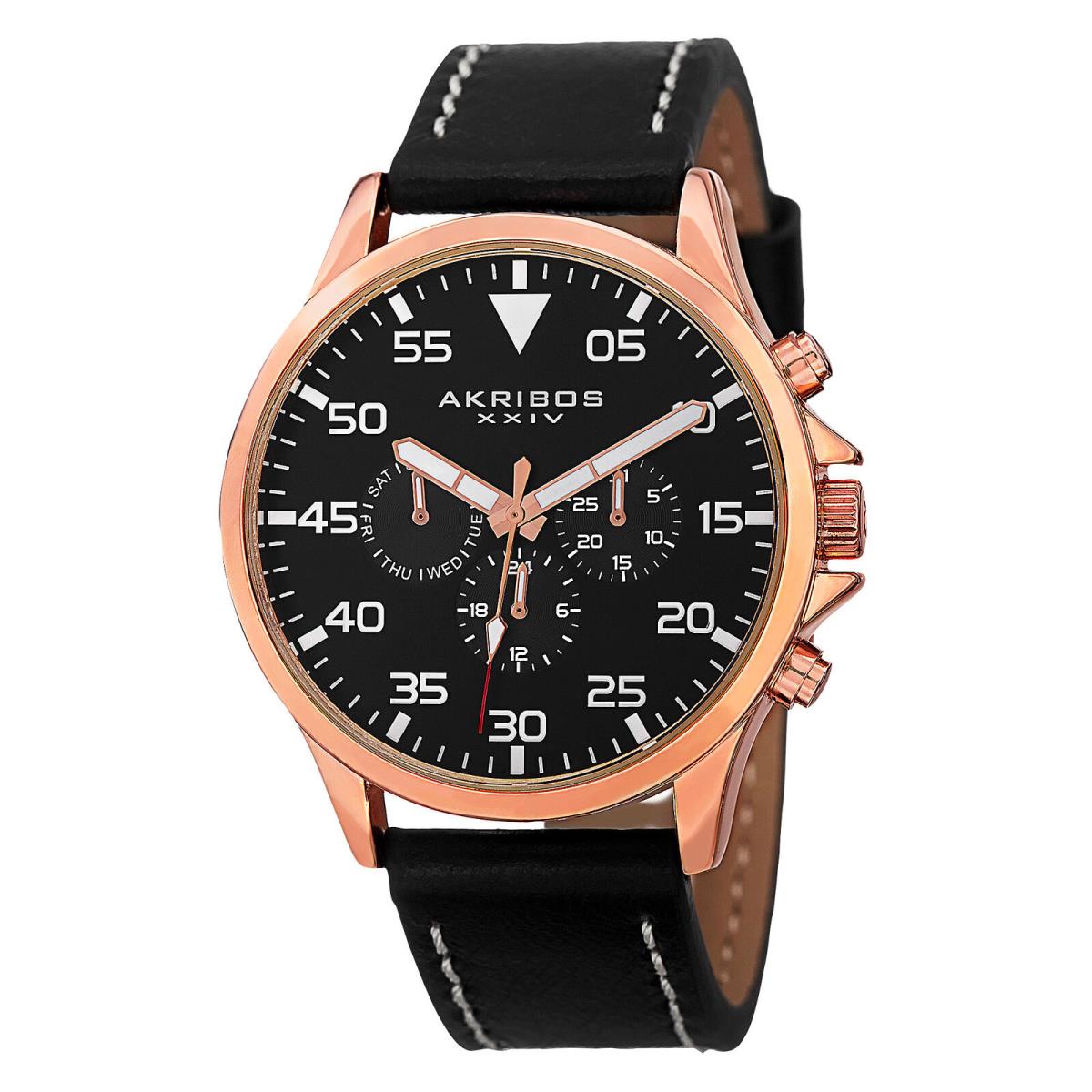 Men`s Akribos Xxiv AK773 Swiss Multifunction Day Date Leather Strap Watch Rose Gold