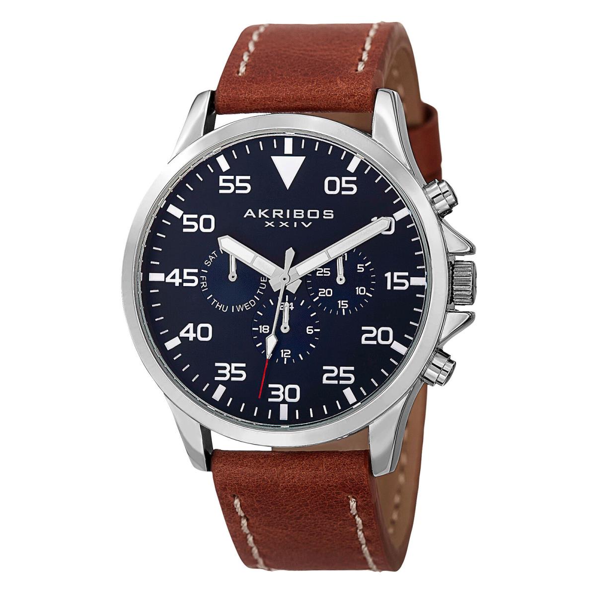 Men`s Akribos Xxiv AK773 Swiss Multifunction Day Date Leather Strap Watch Stainless Streel Blue