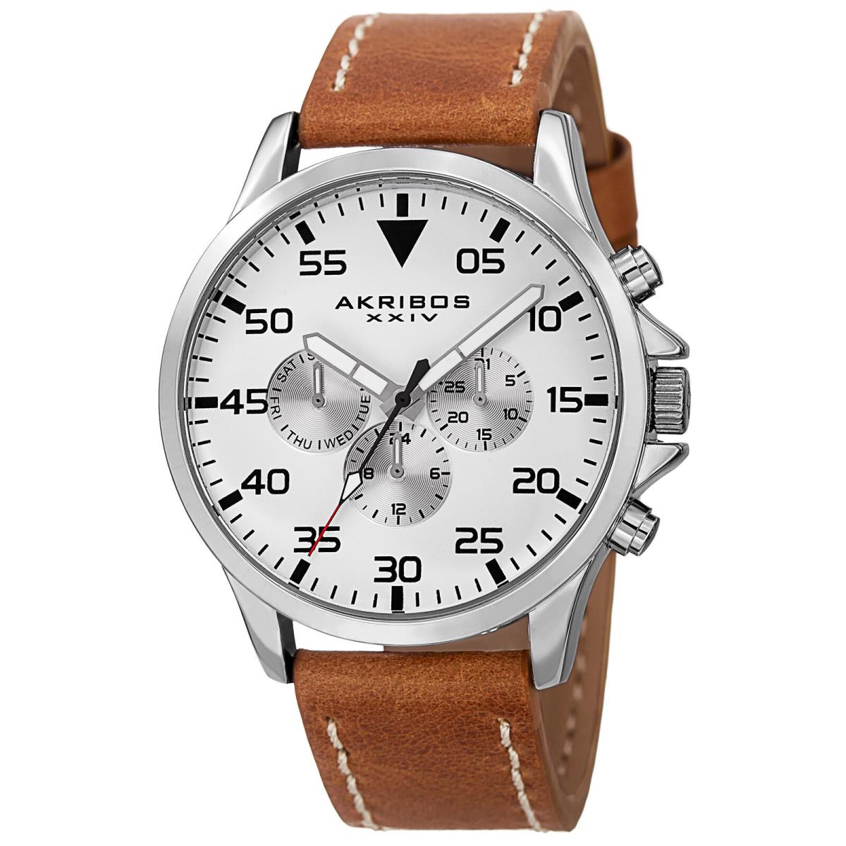 Men`s Akribos Xxiv AK773 Swiss Multifunction Day Date Leather Strap Watch Stainless Streel Brown