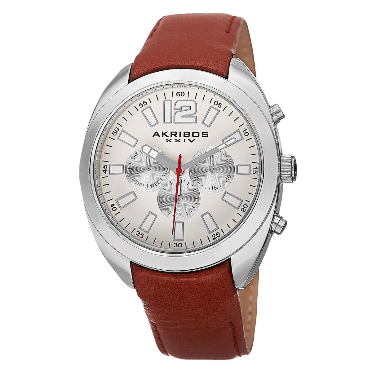 Men`s Akribos Xxiv AK777 Multifunction Day Date Subdial Leather Strap Watch