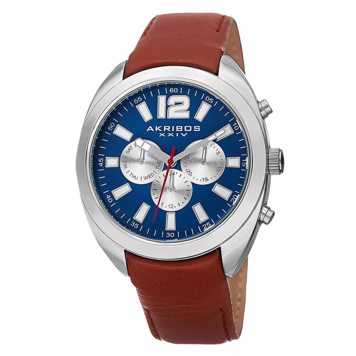 Men`s Akribos Xxiv AK777 Multifunction Day Date Subdial Leather Strap Watch Blue Dial