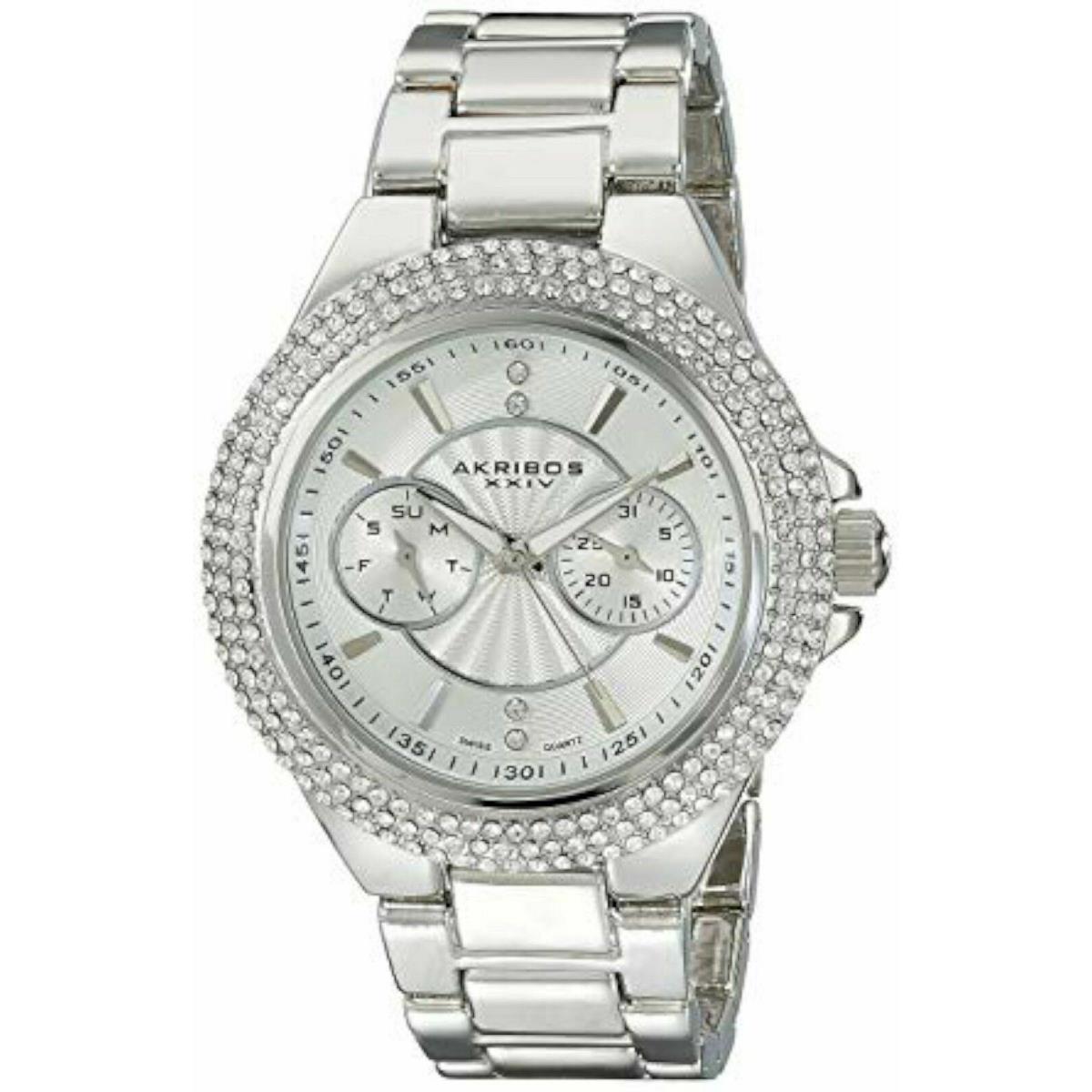 Akribos Xxiv AK789SS Womens Crystal Bezel Multifunctional Silver Alloy Watch