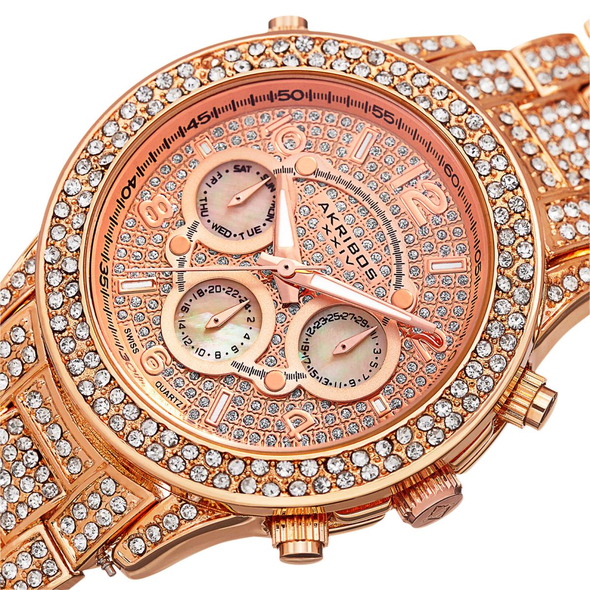 Women`s Akribos Xxiv AK776RG Crystal Accented Multifunction Rose-tone Watch - Dial: Rose Gold, Band: Rose Gold