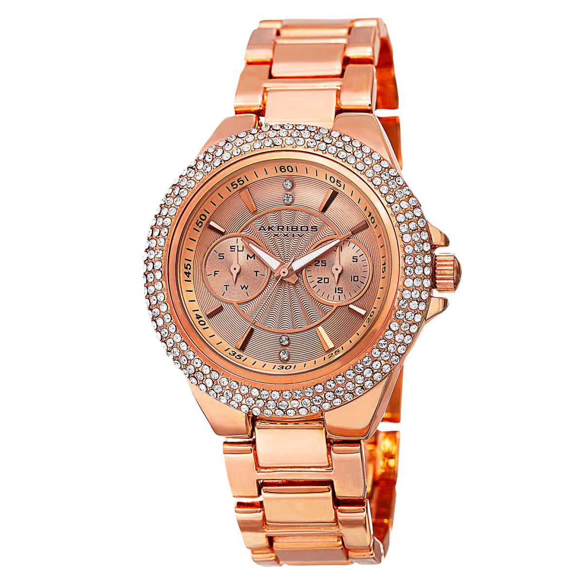 Women`s Akribos Xxiv AK789RG Dazzling Crystal Multifunction Rose-tone Watch