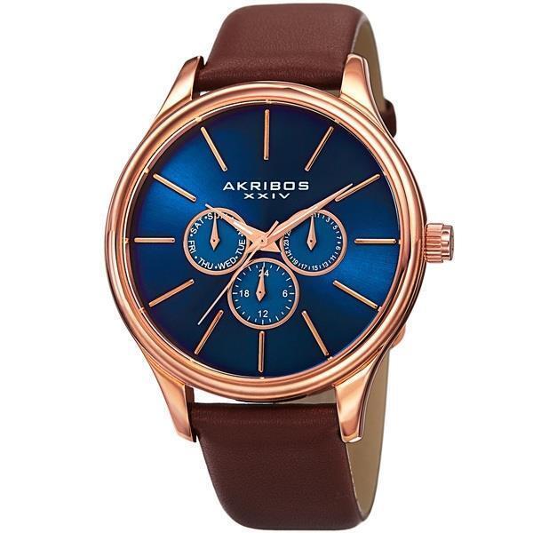 Men`s Akribos Xxiv AK870RGBU Day/date Blue Sunray Dial Brown Leather Strap Watch