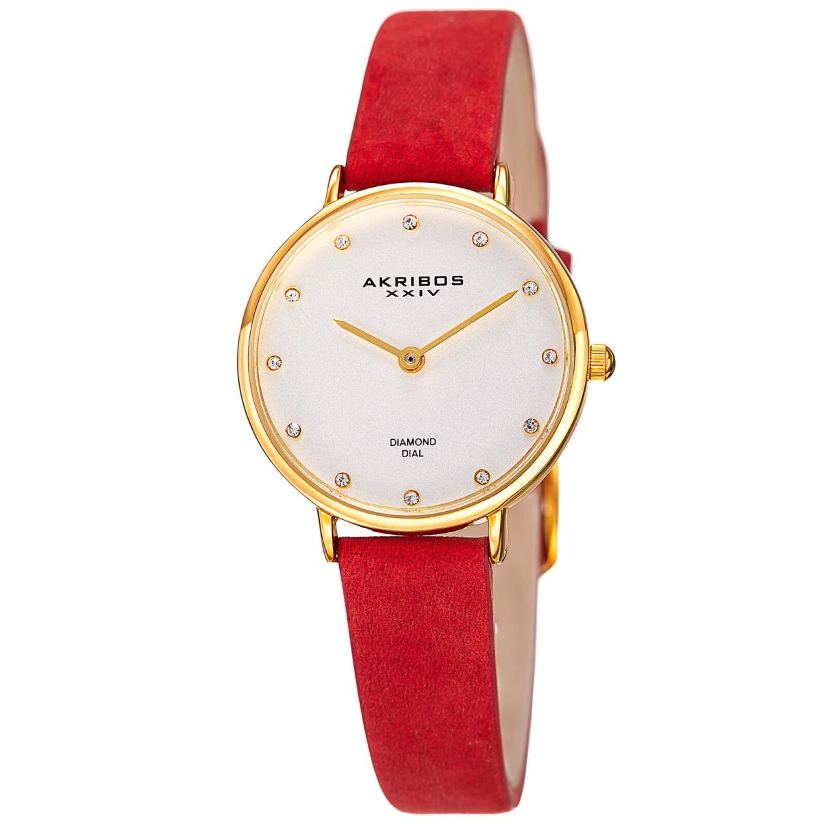 Women`s Akribos Xxiv AK882BUR Gold-tone Diamond Dial Red Leather Strap Watch