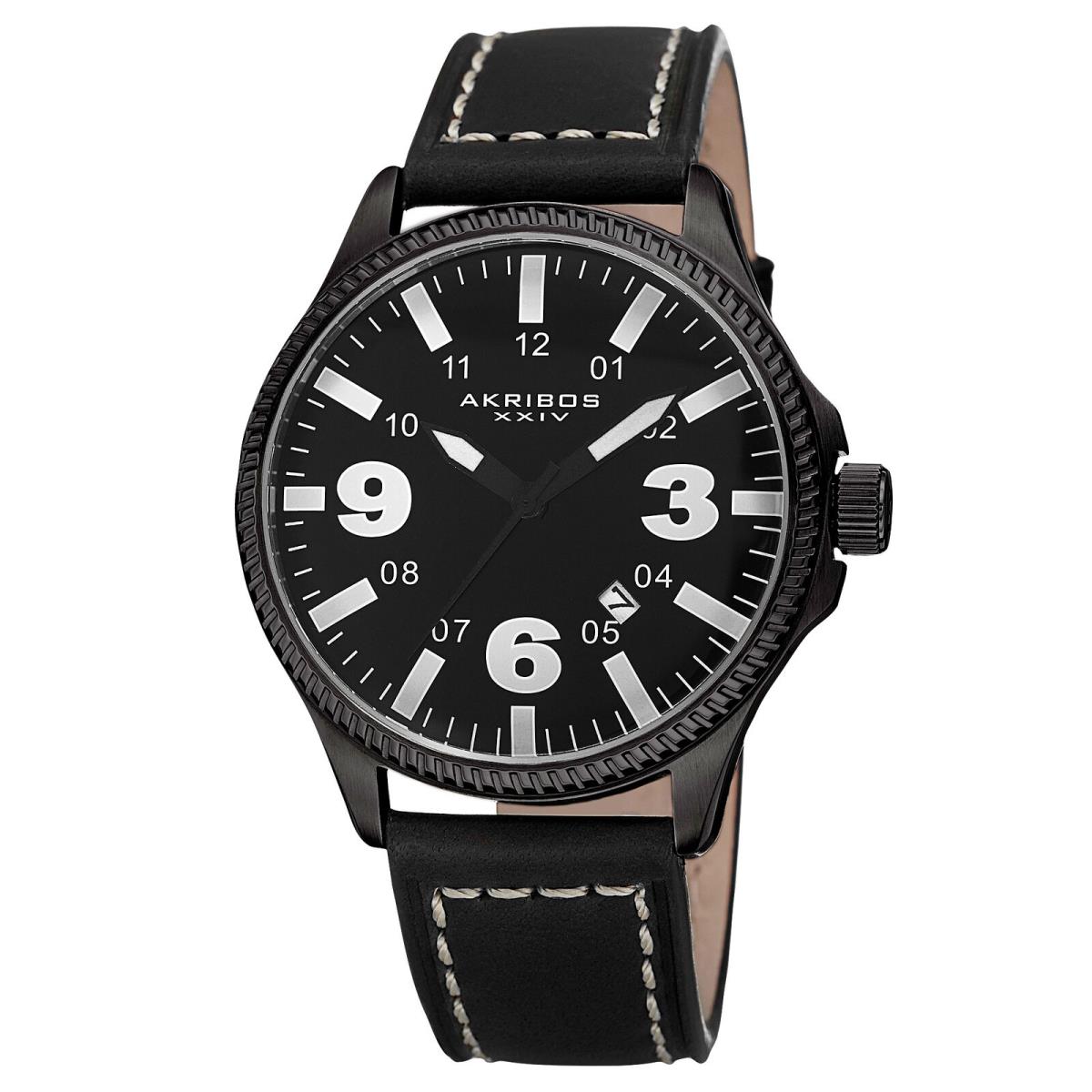 Men`s Akribos Xxiv AK833WT Easy-to-read Quartz Date Black Leather Watch