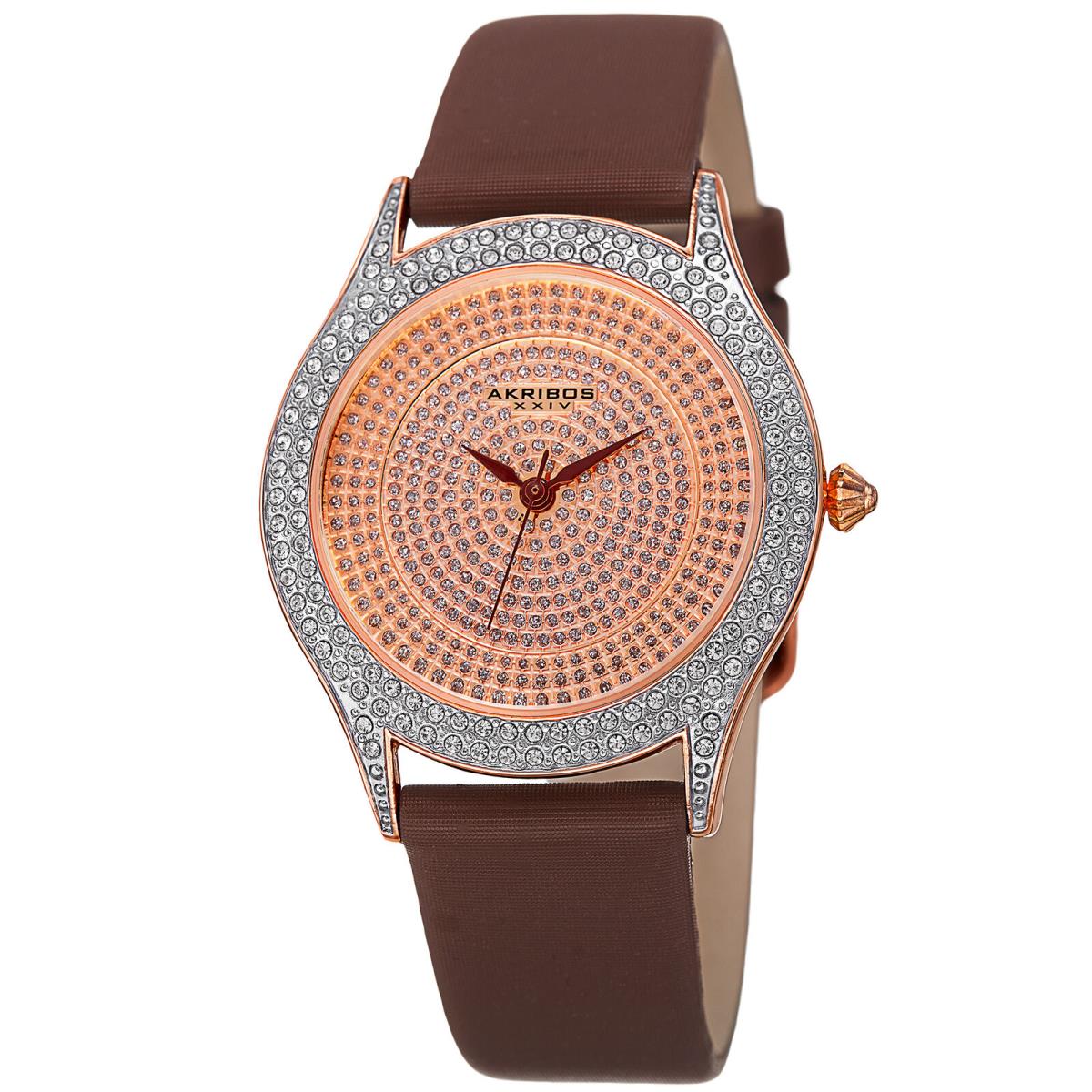 Women`s Akribos Xxiv AK896BR Rose-tone Crystal Pave Brown Satin Strap Watch