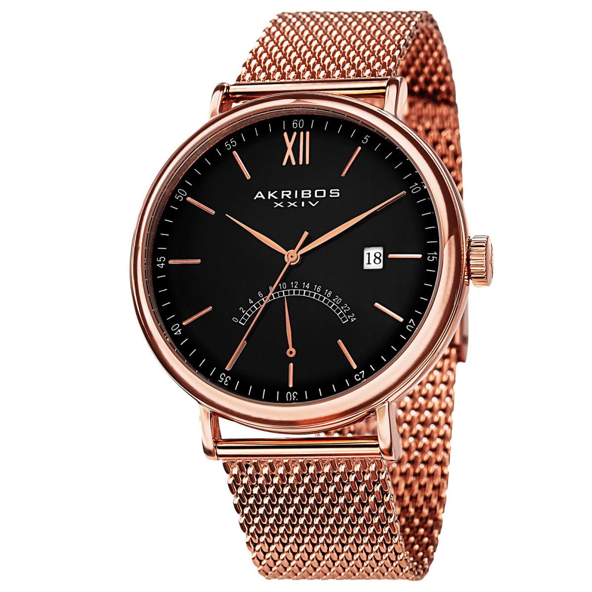 Men`s Akribos Xxiv AK731RG Quartz Gmt Rose-tone Date Stainless Steel Mesh Watch