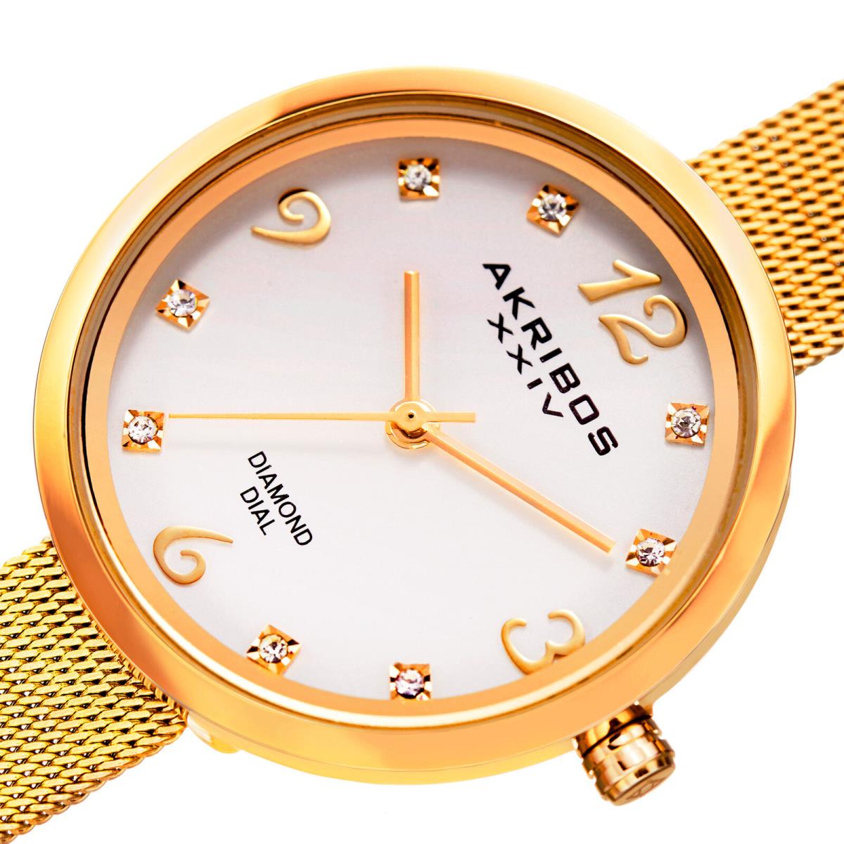 Women`s Akribos Xxiv AK875YG Gold-tone Diamond Markers Mesh Bracelet Watch