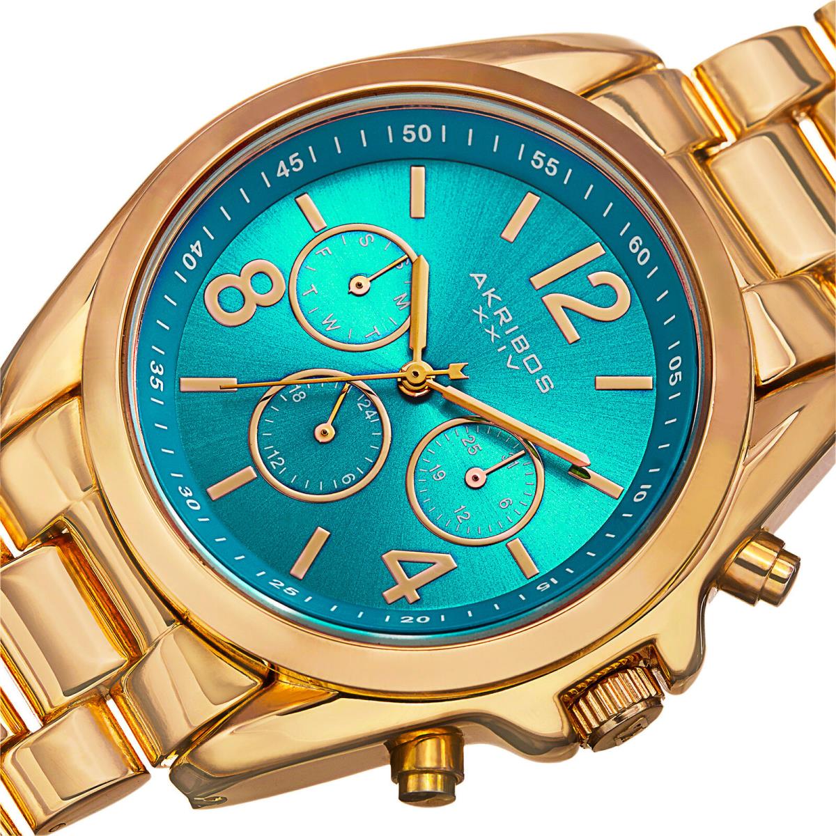 Women`s Akribos Xxiv AK760YGTQ Multifunction Turquoise Dial Bracelet Watch