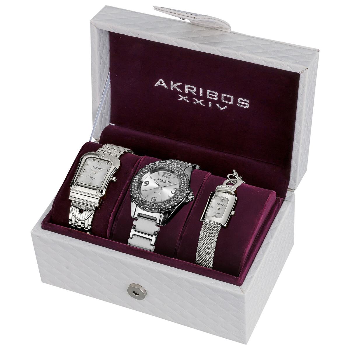 Women`s Akribos Xxiv AK600SS Elegant Silver-tone Diamond Bracelet Watch Set