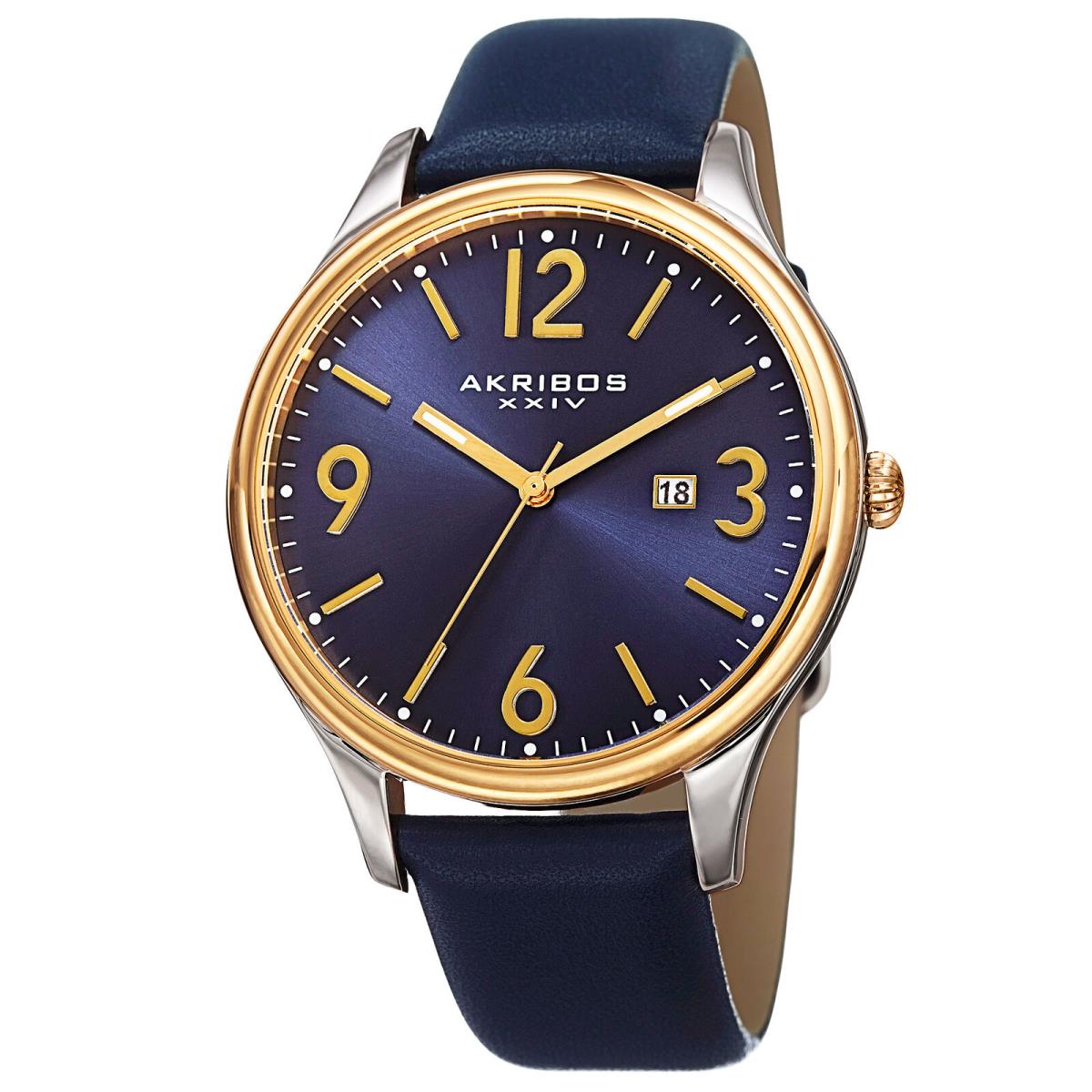 Men`s Akribos Xxiv AK869BU Blue Sunray Date Dial Blue Leather Strap Watch