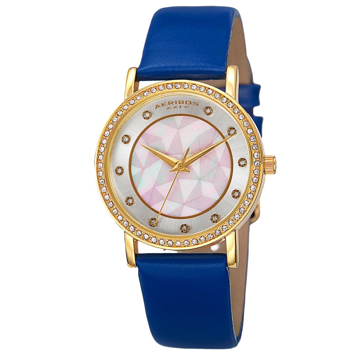 Women`s Akribos Xxiv AK791BU Crystal Bezel Mop Pattern Dial Blue Strap Watch