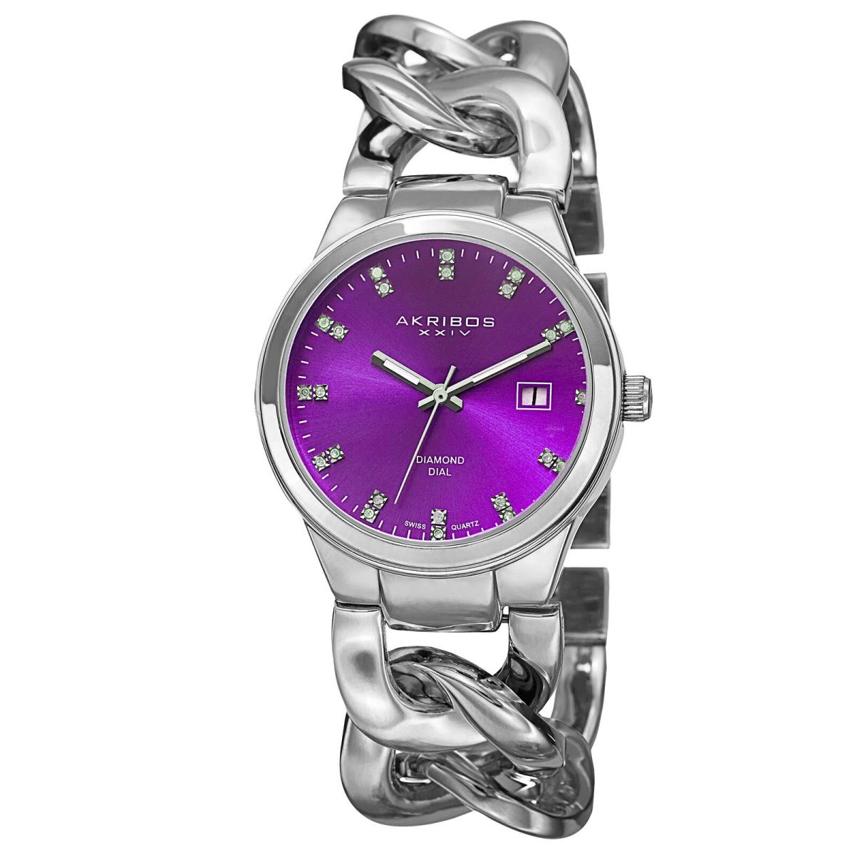 Women`s Akribos Xxiv AK759SSPU Swiss Diamond Purple Dial Link Bracelet Watch