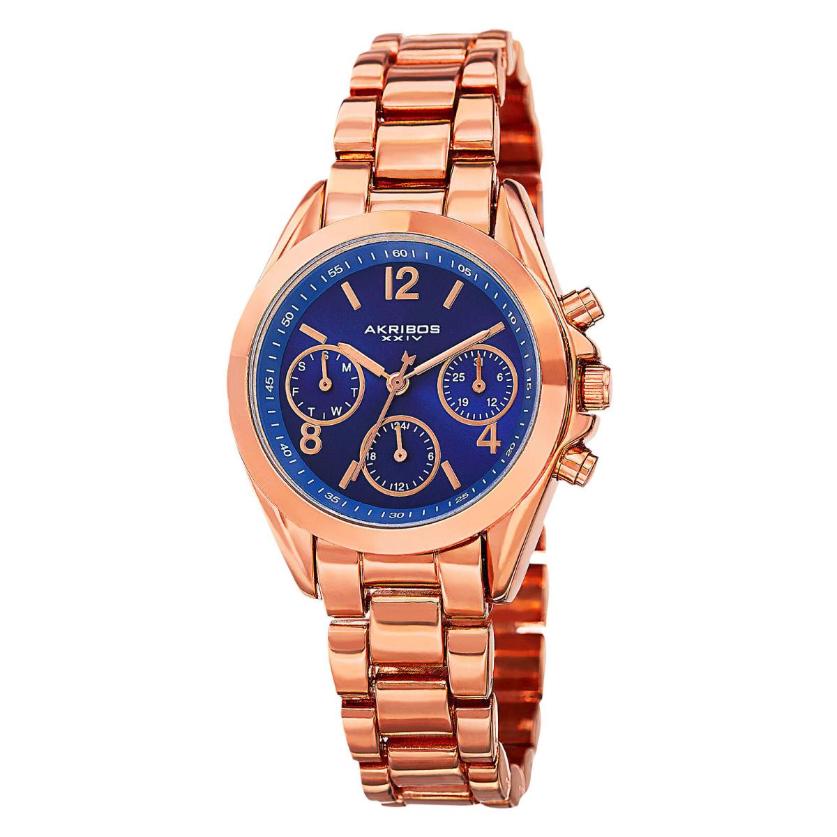 Women`s Akribos Xxiv AK809RGBU Multifunction Blue Dial Rose-tone Bracelet Watch