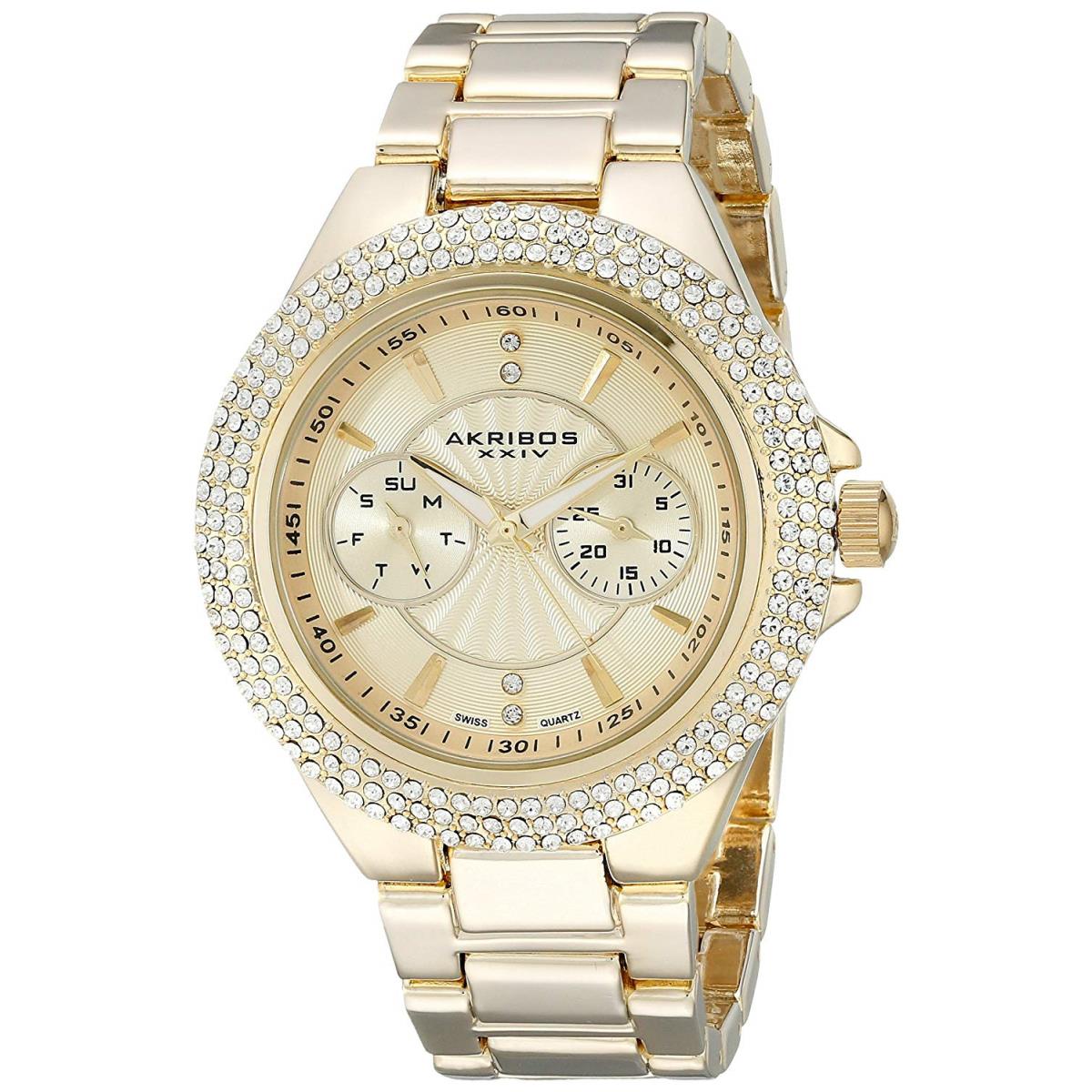 Akribos Xxiv Women`s AK789YG Gold-tone Crystal Bezel Watch NO Box