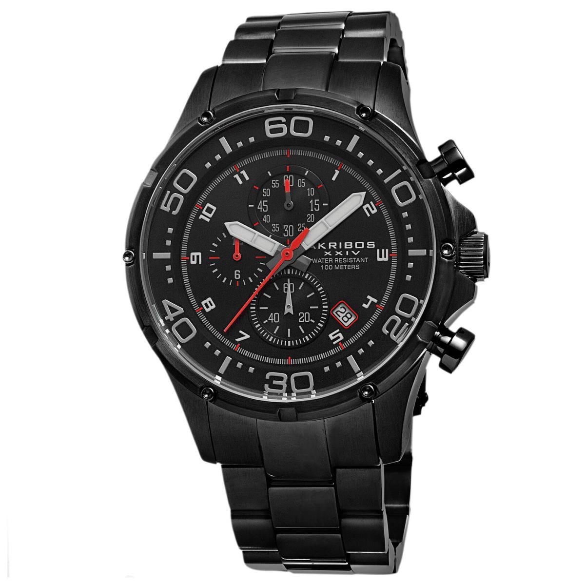 Men`s Akribos Xxiv AK663BK Quartz Chronograph Black SS Bracelet Watch