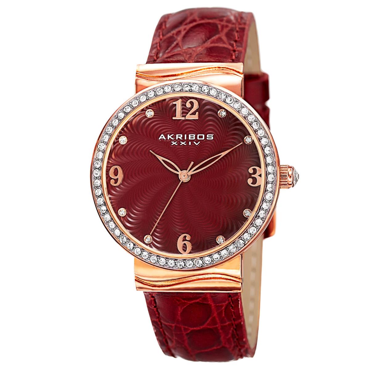 Women`s Akribos Xxiv AK829RD Quartz Swarovski Crystal Red Leather Watch