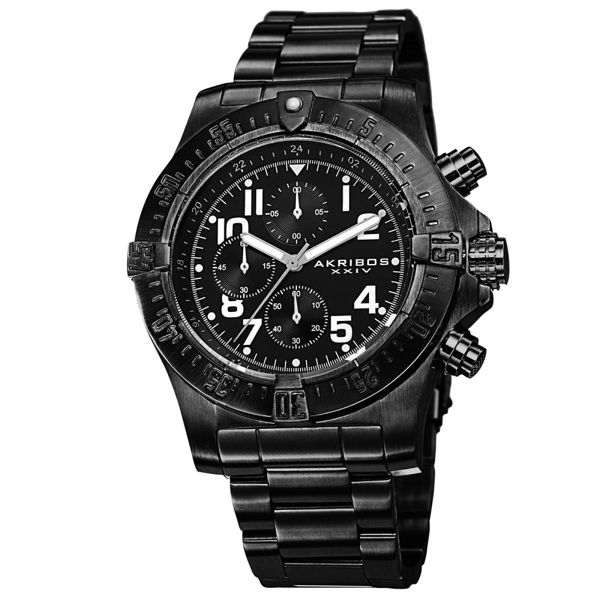 Men`s Akribos Xxiv AK711BK Chronograph Luminescent Black Stainless Steel Watch