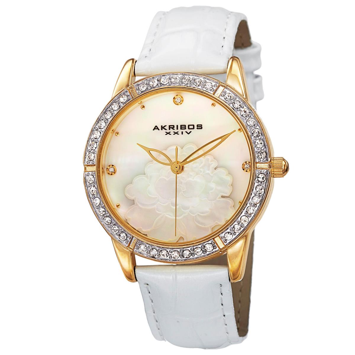 Women`s Akribos Xxiv AK805YG Carnation Pattern Mop Dial White Leather Watch