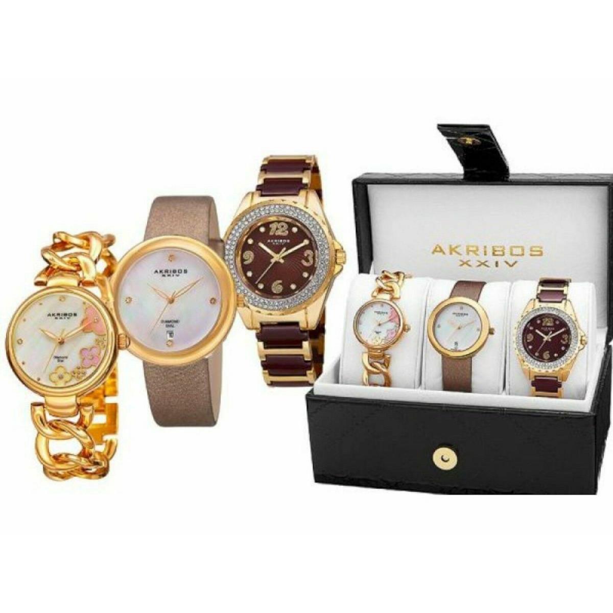 Akribos Xxiv AK887YG Women`s Diamond Gold 3-Watch Set AK889 AK890YG AK891YG