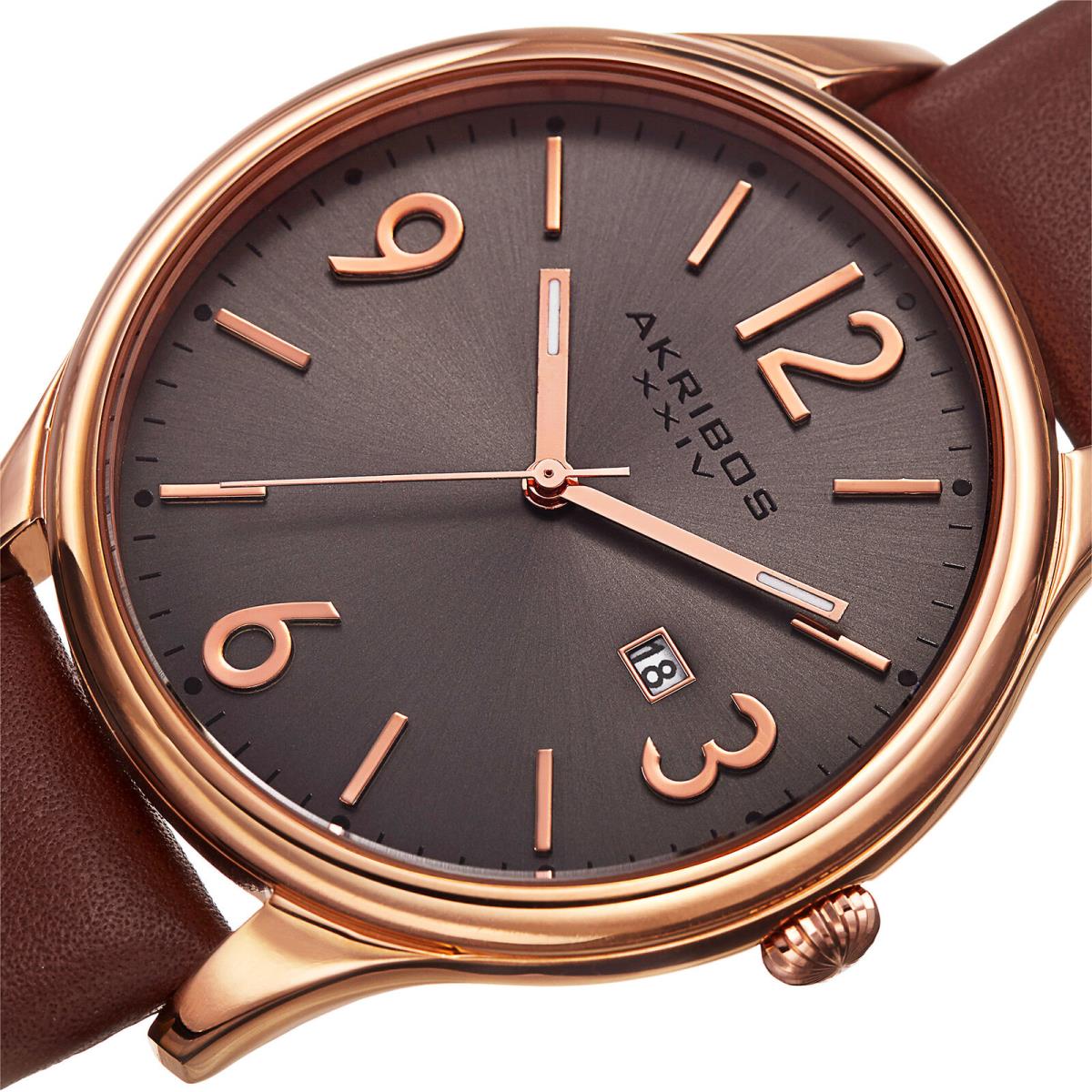 Men`s Akribos Xxiv AK869RG Gunmetal Sunray Date Dial Brown Leather Strap Watch