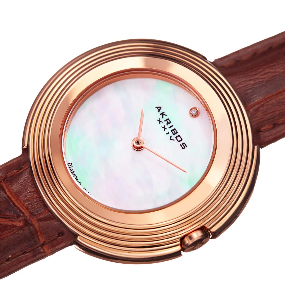 Women`s Akribos Xxiv AK876RGBR Rose-tone Diamond Dial Brown Leather Strap Watch