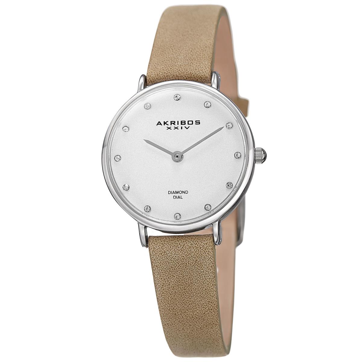 Women`s Akribos Xxiv AK882WT Silver-tone Diamond Dial `stone` Leather Watch