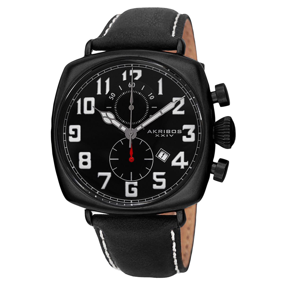 Men`s Akribos Xxiv AK786BK Quartz Chronograp All Black Leather Strap Watch