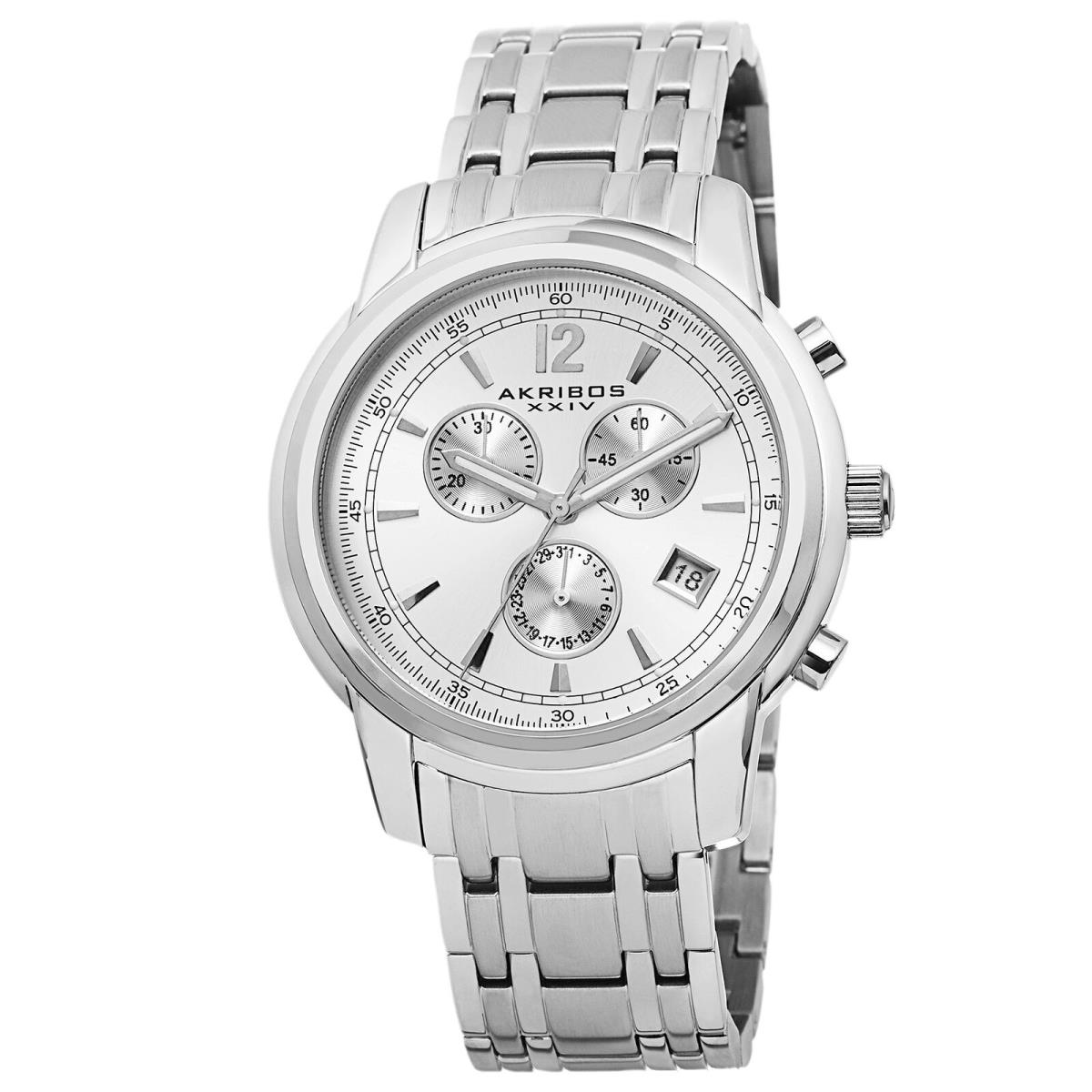 Men`s Akribos Xxiv AK692SSW Swiss Chronograph Date White Dial Steel Watch