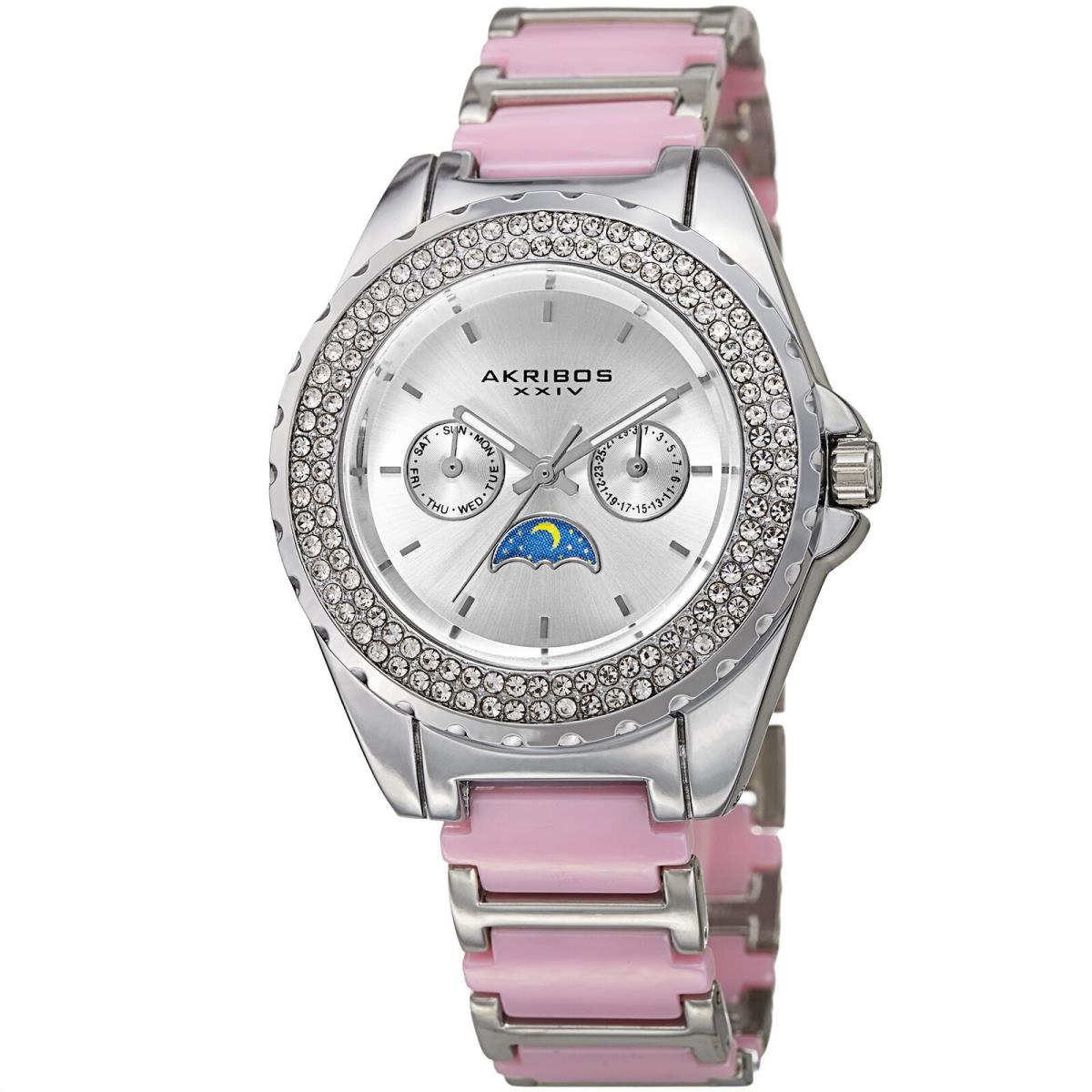 Women`s Akribos Xxiv AK961SSPK Multifunction Am/pm Crystal Bezel Bracelet Watch