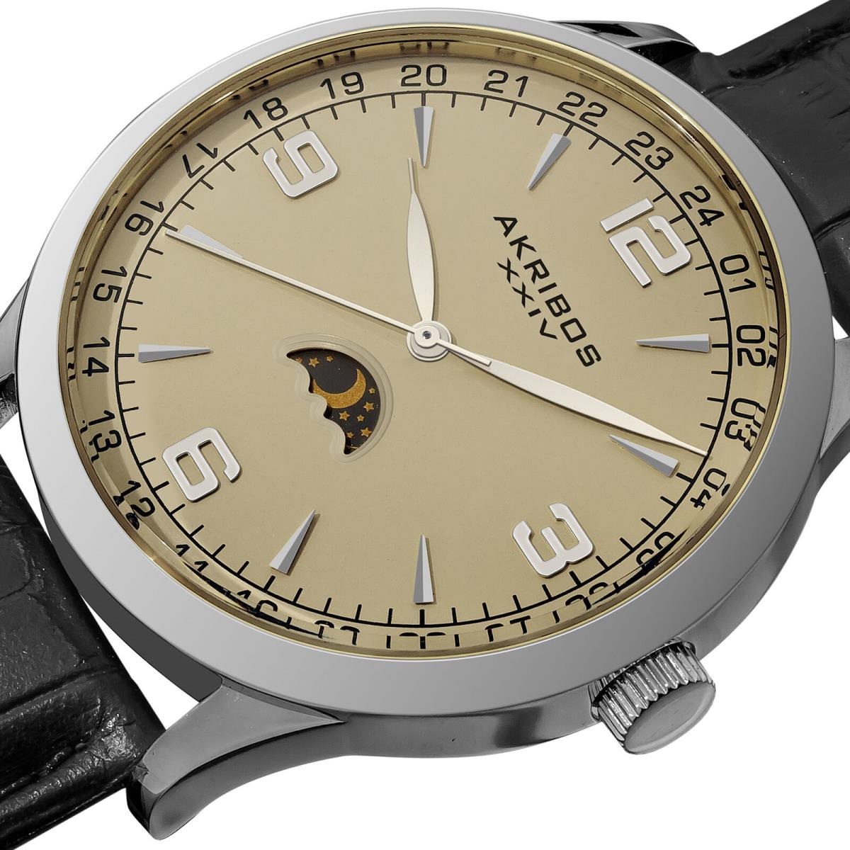 Men`s Akribos Xxiv AK637SSW Swiss Beige Dial Moon Phase Leather Strap Watch